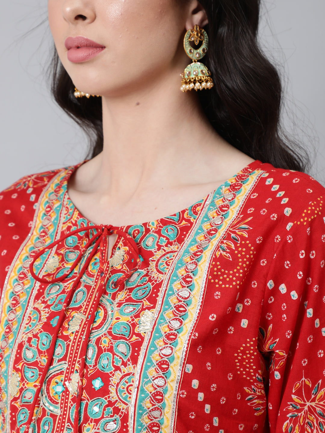 Women's Red Ethnic Motifs Yoke Cotton Kurta with Churidar With Dupatta