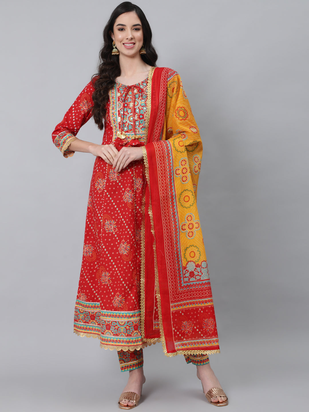 Women's Red Ethnic Motifs Yoke Cotton Kurta with Churidar With Dupatta