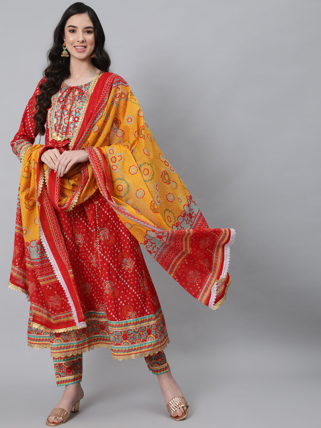 Women's Red Ethnic Motifs Yoke Cotton Kurta with Churidar With Dupatta