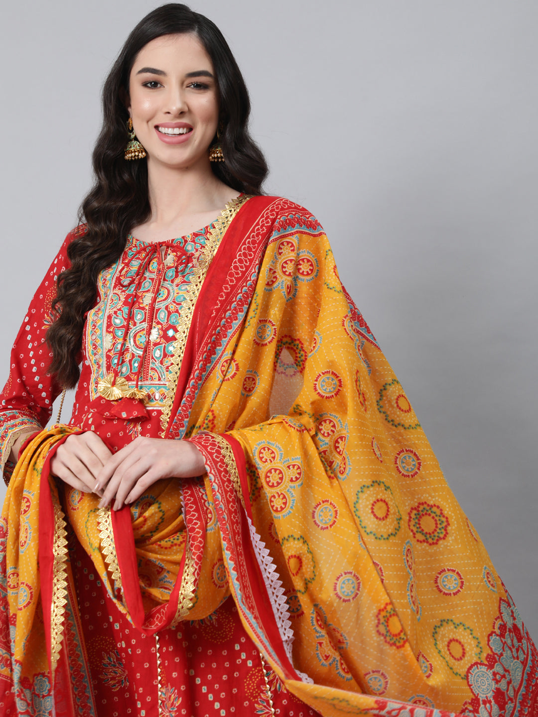 Women's Red Ethnic Motifs Yoke Cotton Kurta with Churidar With Dupatta