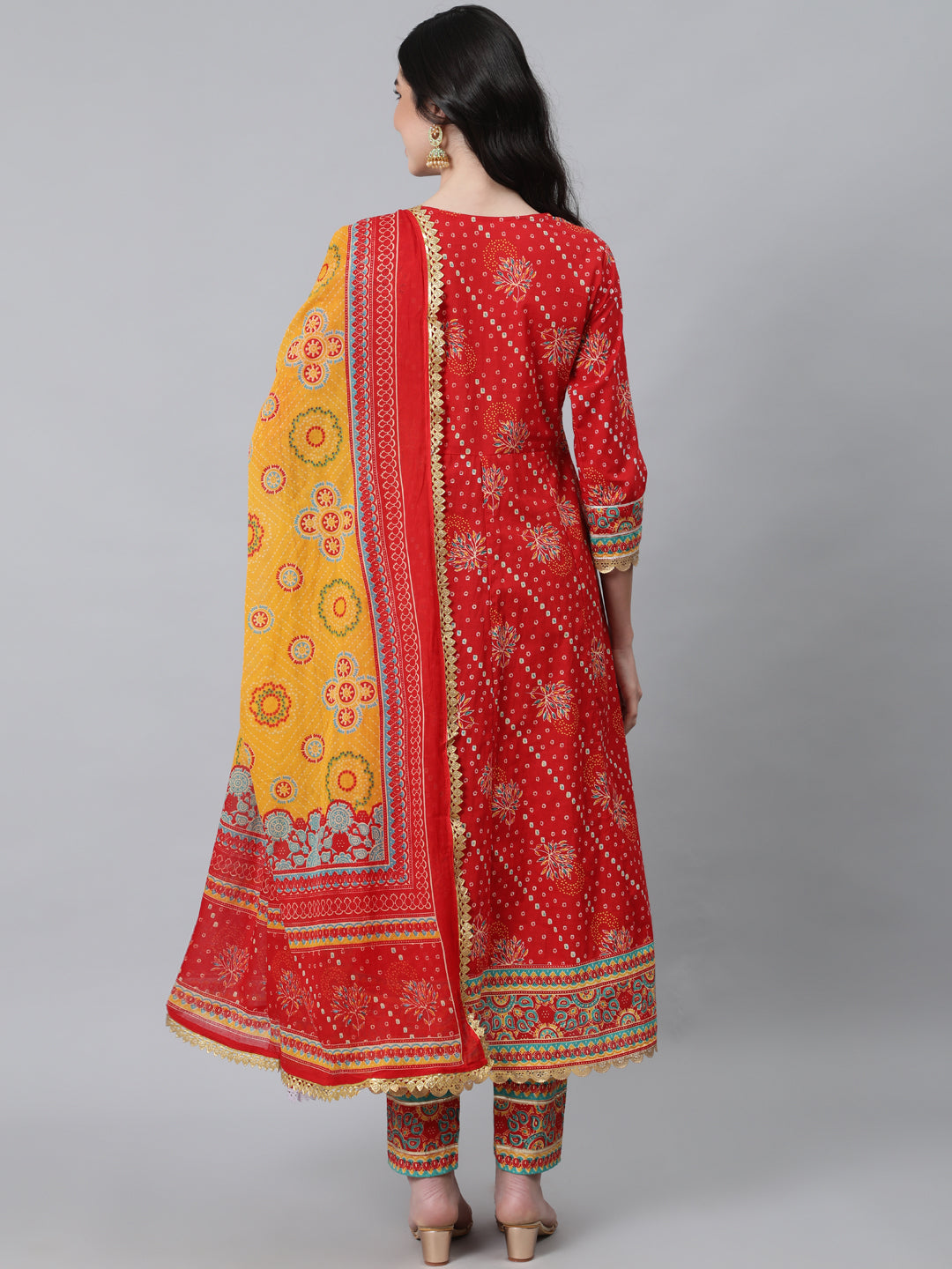 Women's Red Ethnic Motifs Yoke Cotton Kurta with Churidar With Dupatta