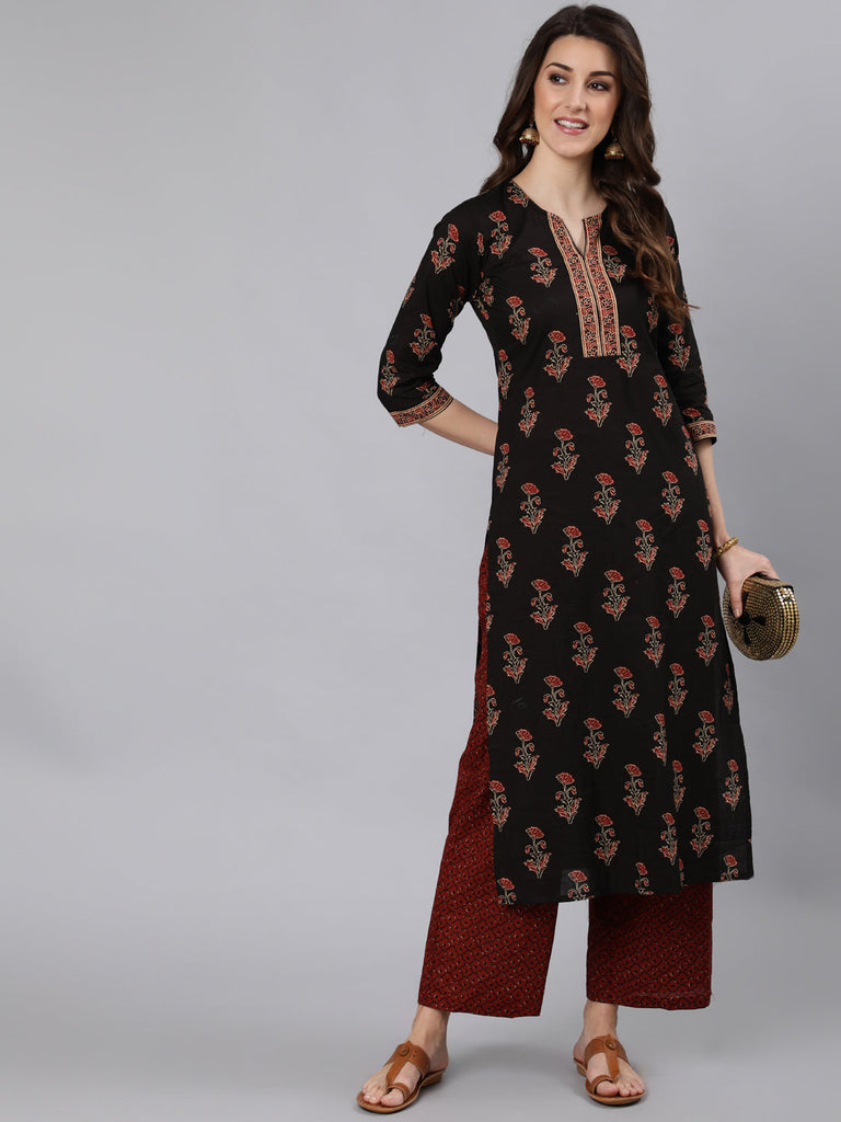 Women's Black Ethnic Printed Straight Kurta