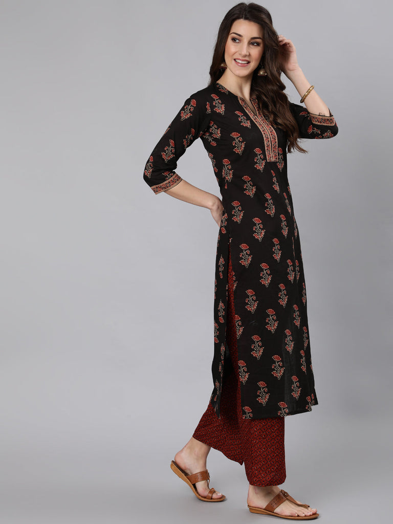 Women's Black Ethnic Printed Straight Kurta