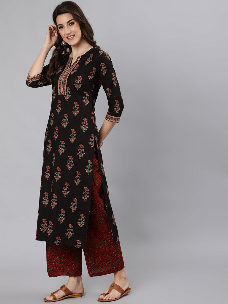 Women's Black Ethnic Printed Straight Kurta