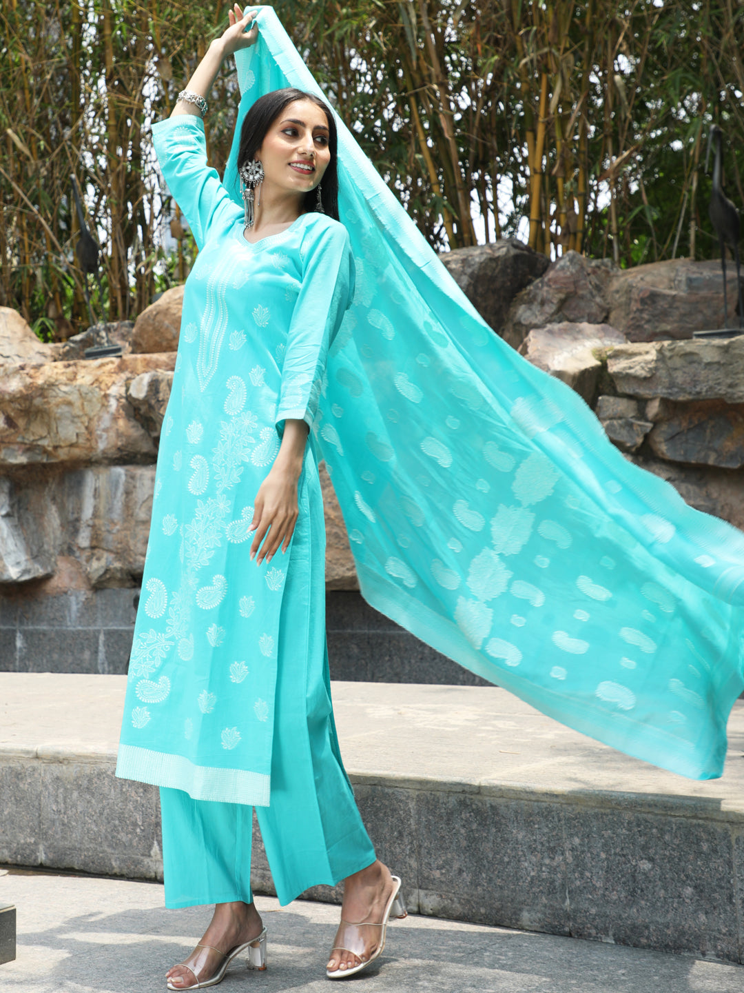 Women's Turquoise Blue Cotton Jacquard Kurta Set With Dupatta - Aks