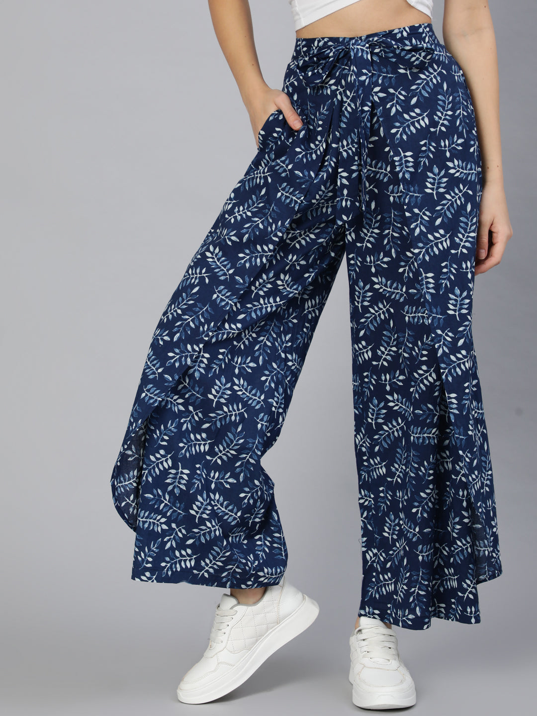Women's Blue Printed Plazo With Side Pockets - Nayo Clothing
