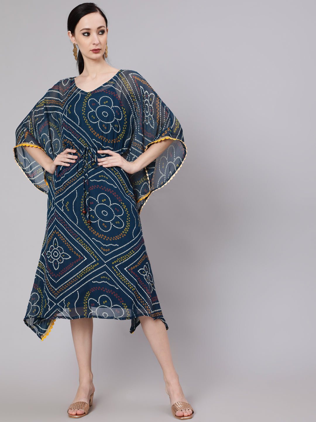 Women's Blue Micro Print Kaftan Dress - Aks