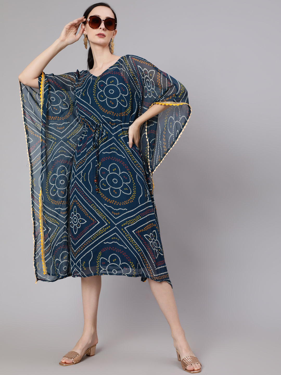 Women's Blue Micro Print Kaftan Dress - Aks