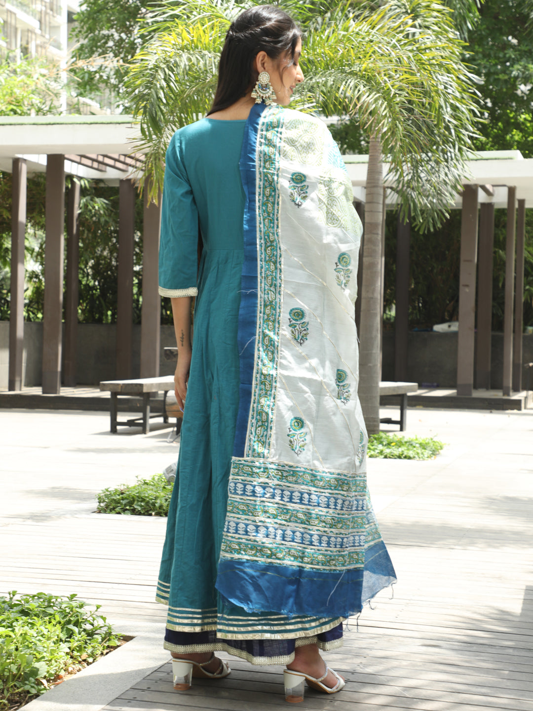 Women's Indigo & Blue Cotton Embroidered Layered Maxi with Dupatta - Aks