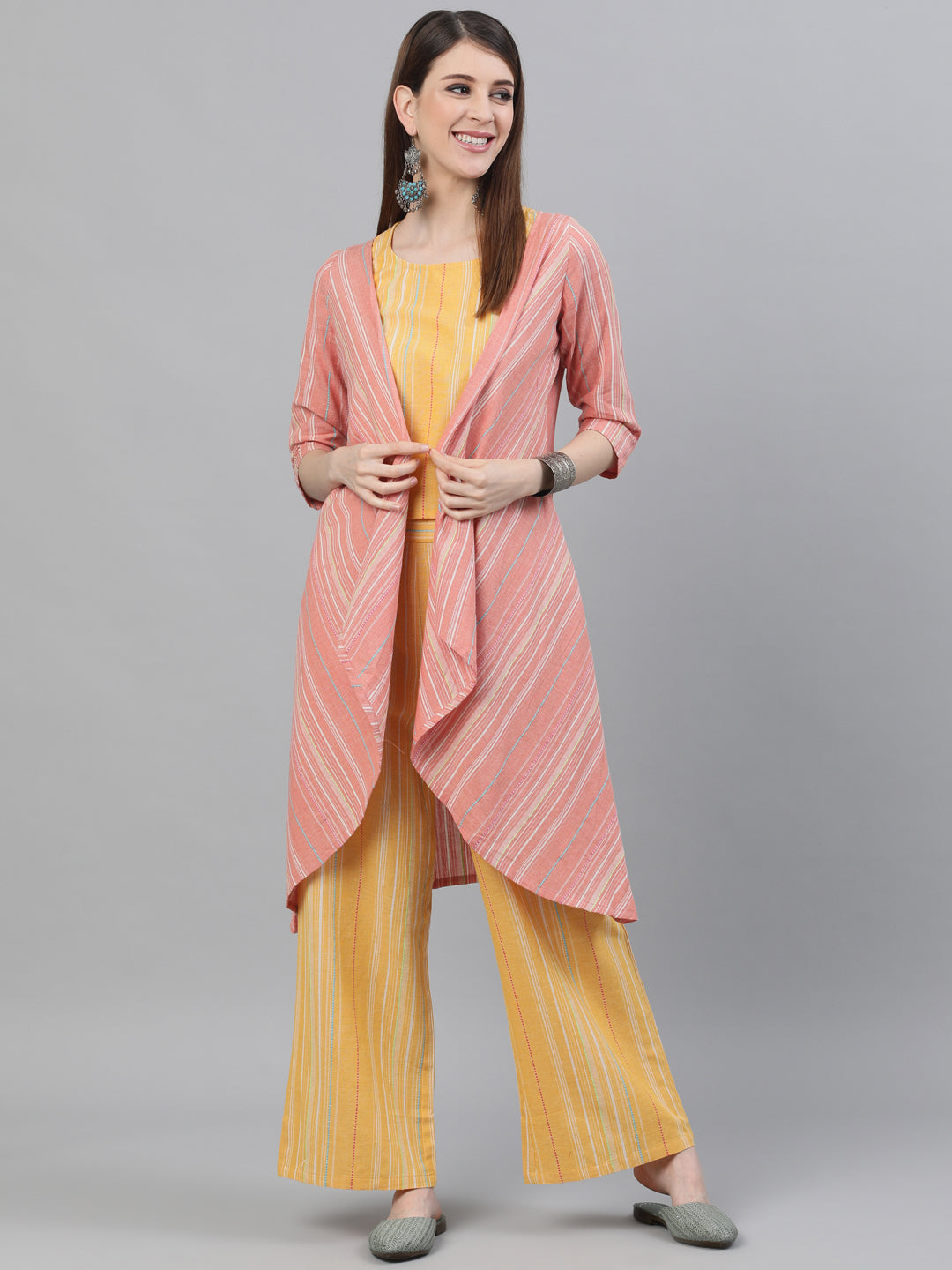 Women's Yellow Handloom Co Ord Set with Jacket - Aks