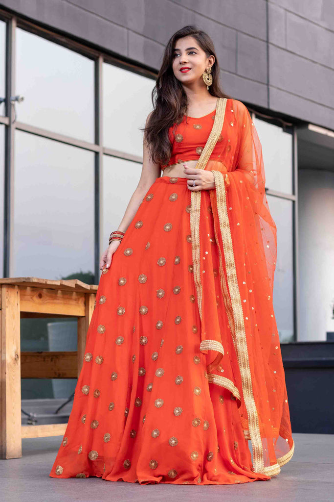 Women's Bright Orange Lehenga Set