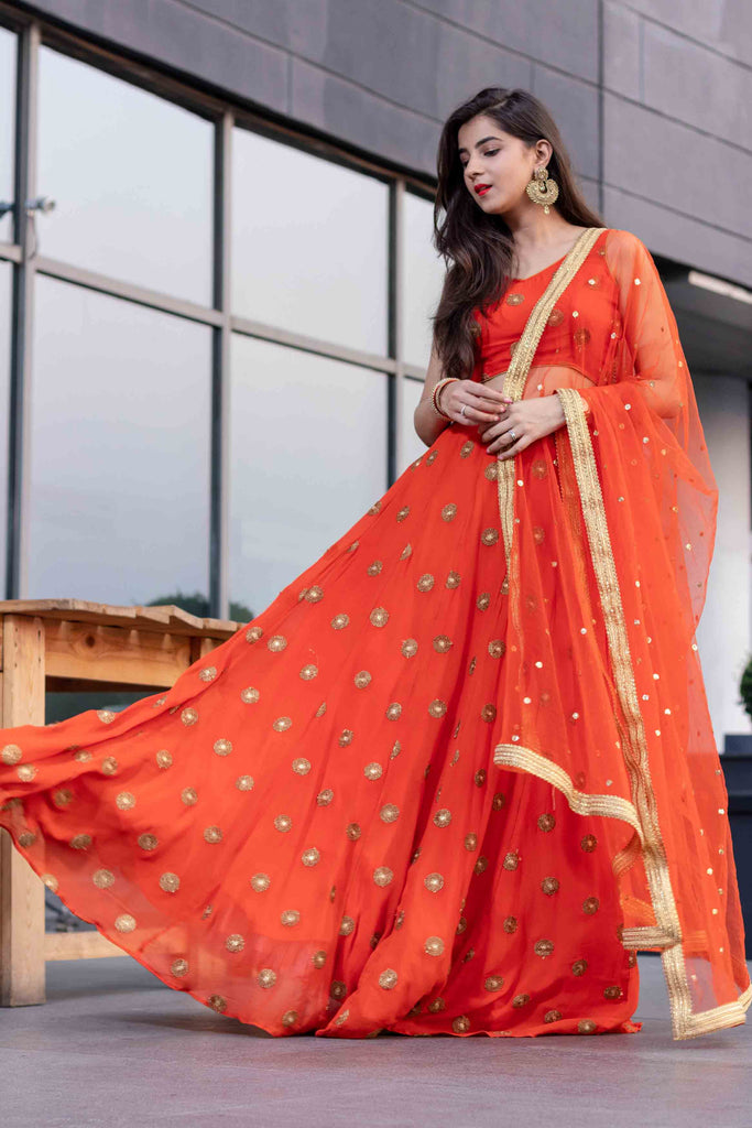 Women's Bright Orange Lehenga Set