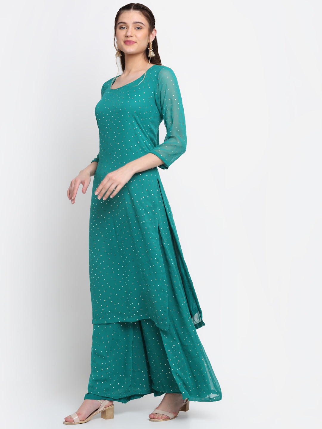 Women's Sparkling Green Hues Georgette Foil Straight Kurti With Palazzo - Anokherang
