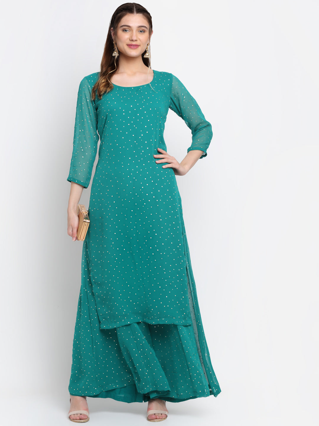 Women's Sparkling Green Hues Georgette Foil Straight Kurti With Palazzo - Anokherang
