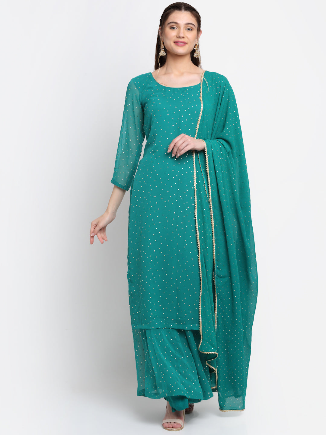 Women's Sparkling Green Hues Georgette Foil Straight Kurti With Palazzo And Dupatta
