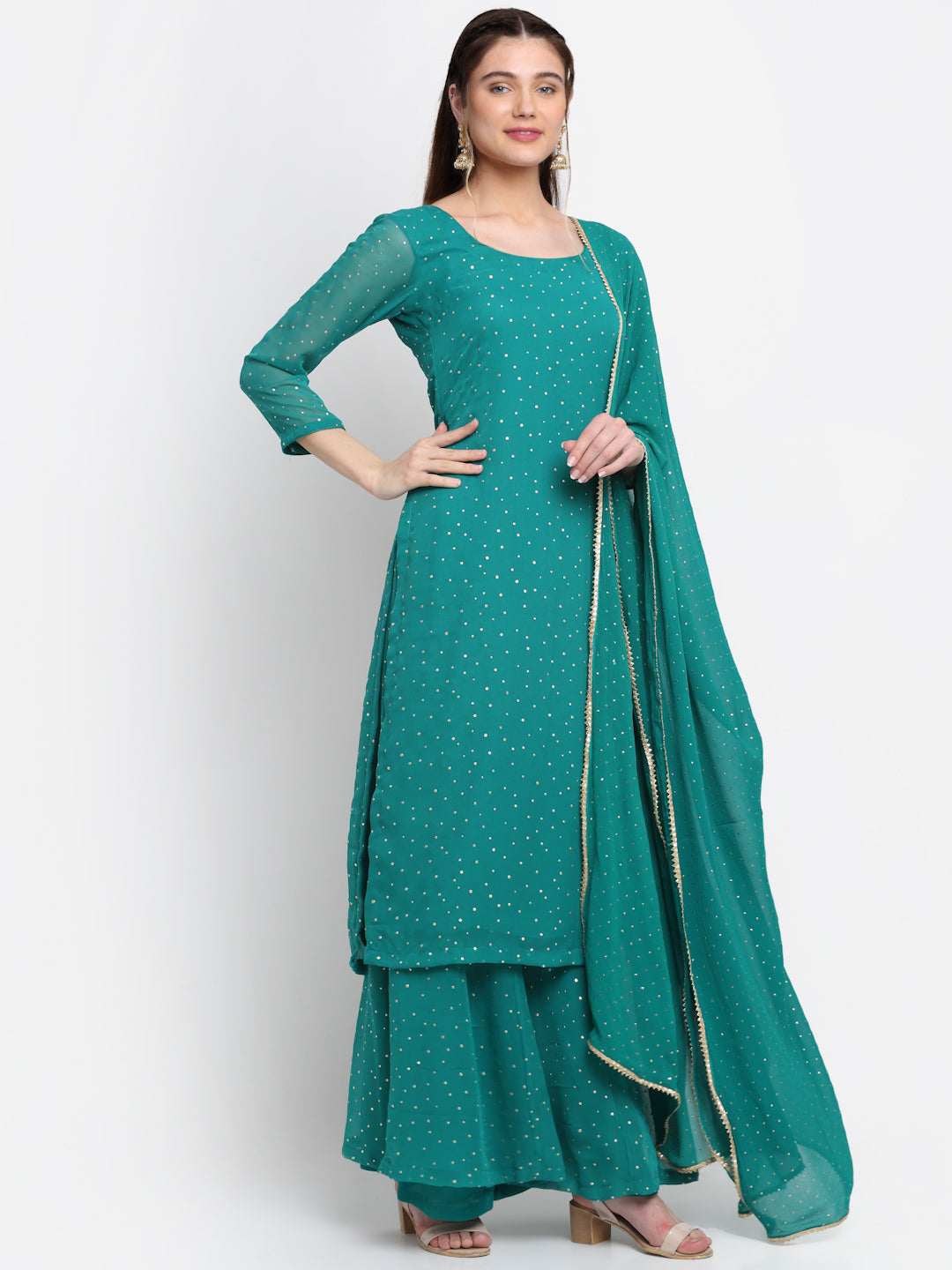 Women's Sparkling Green Hues Georgette Foil Straight Kurti With Palazzo And Dupatta - Anokherang