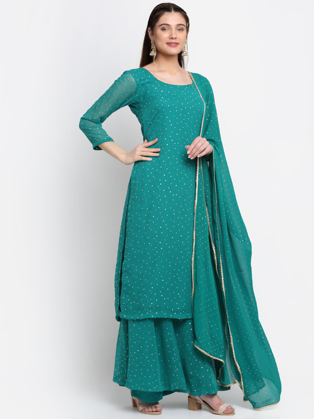 Women's Sparkling Green Hues Georgette Foil Straight Kurti With Palazzo And Dupatta