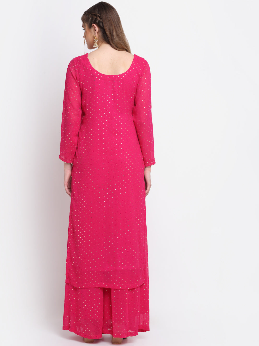 Women's Sparkling Pink Hues Georgette Foil Straight Kurti With Palazzo - Anokherang