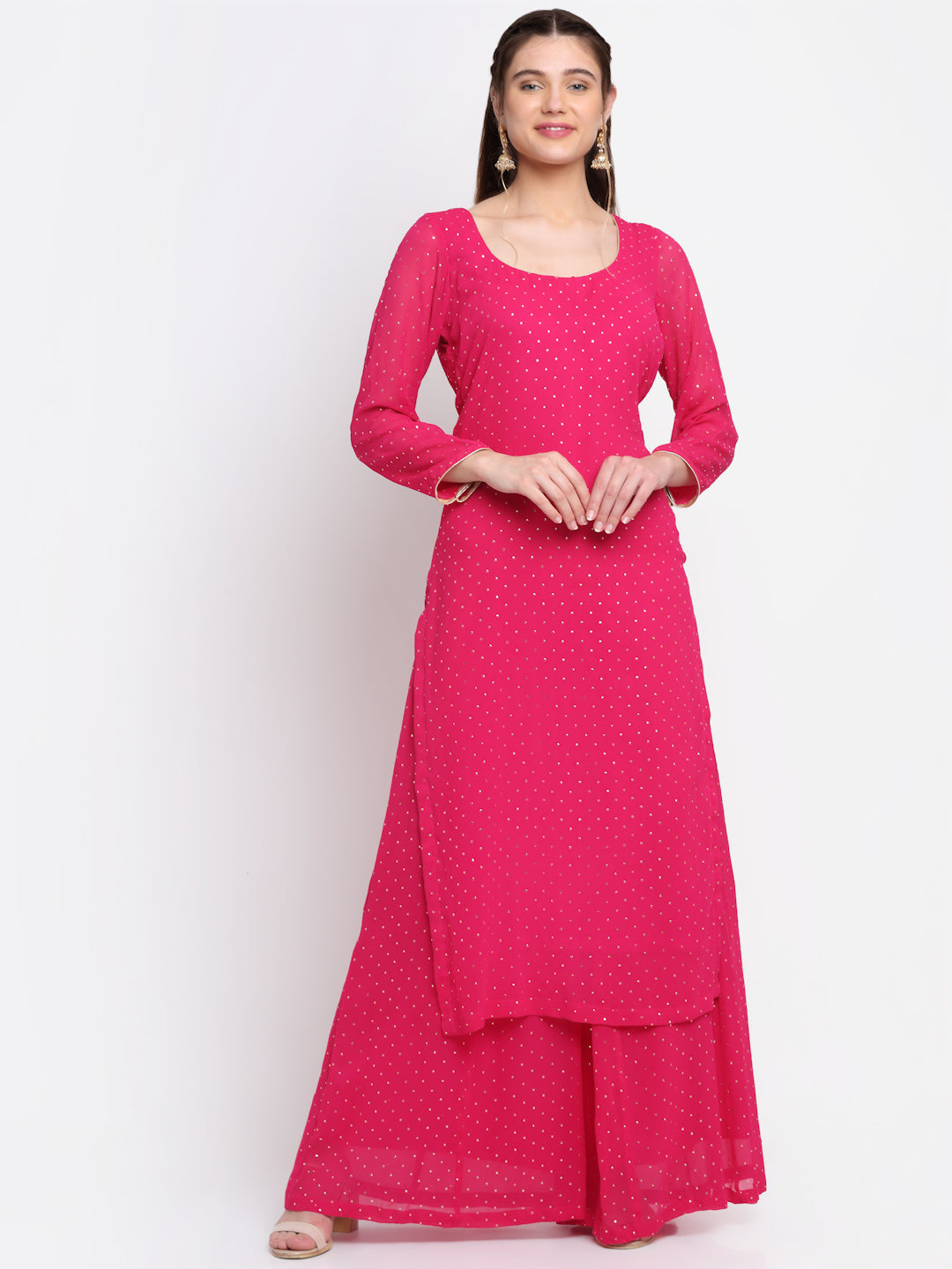 Women's Sparkling Pink Hues Georgette Foil Straight Kurti With Palazzo