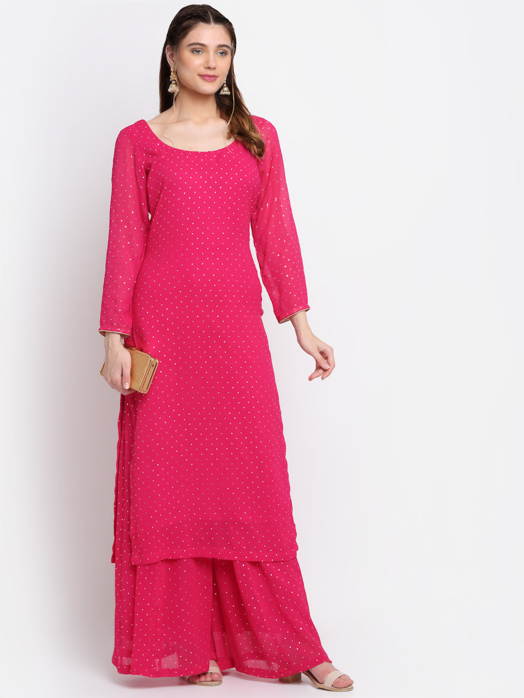 Women's Sparkling Pink Hues Georgette Foil Straight Kurti With Palazzo - Anokherang