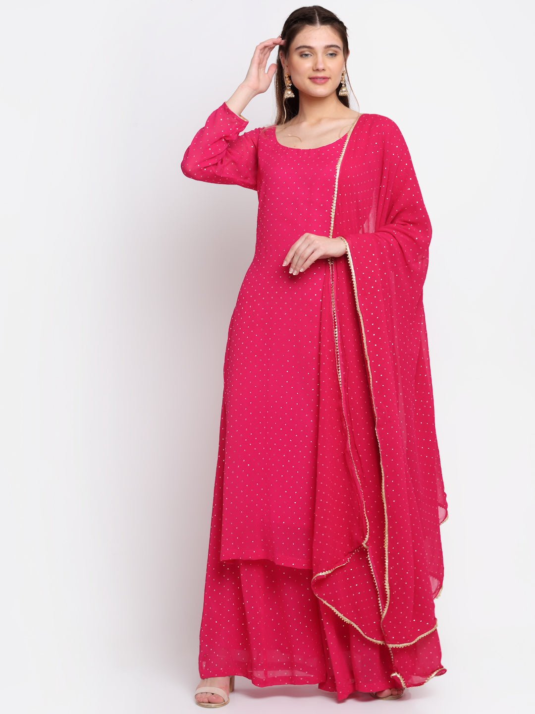 Women's Sparkling Pink Hues Georgette Foil Straight Kurti With Palazzo And Dupatta - Anokherang
