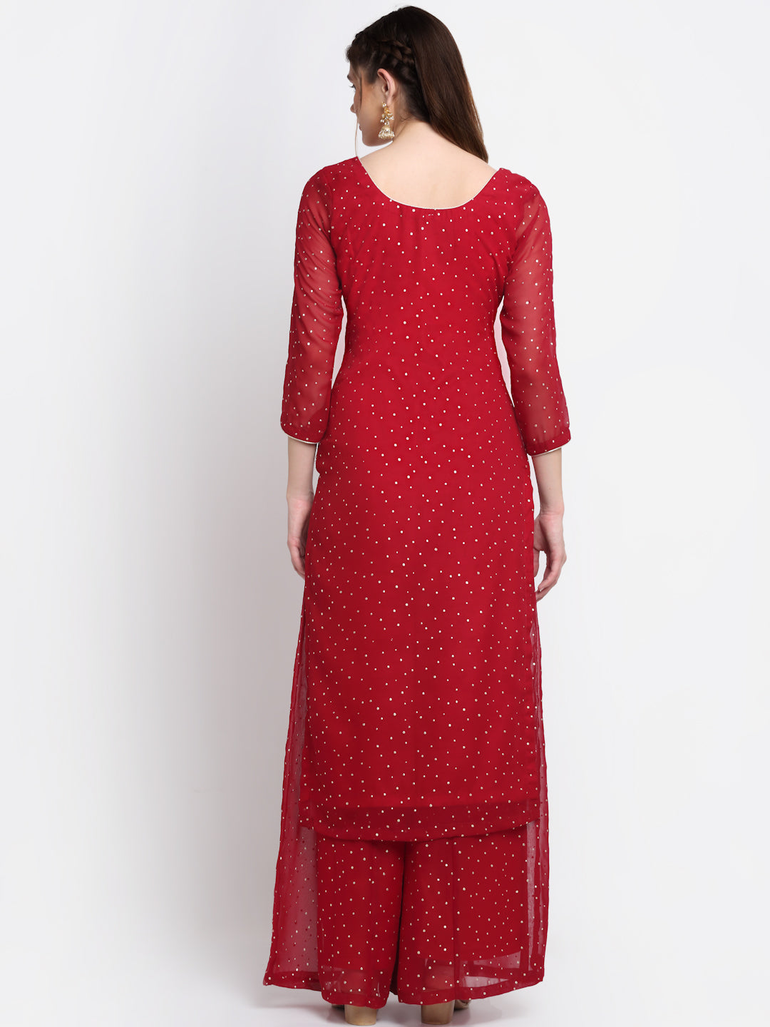 Women's Sparkling Red Hues Georgette Foil Straight Kurti With Palazzo - Anokherang