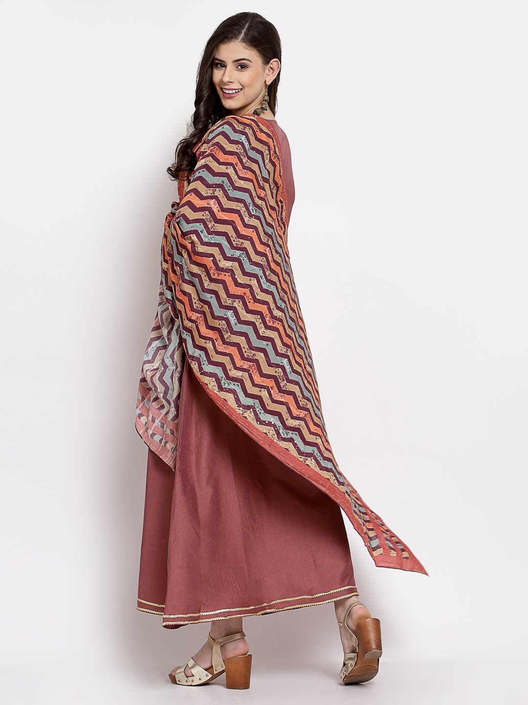 Women's Dark Pink Cotton Solid 3/4 Sleeve V Neck Casual Anarkali Gown - Myshka
