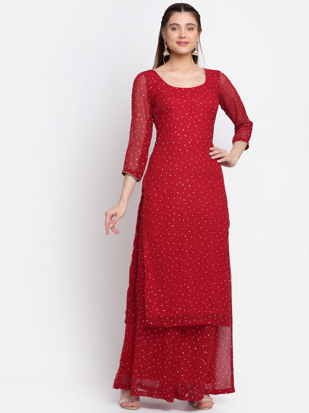 Casual American Crepe And Net Round-Neck 3/4 Length Sleeve Red Kurti  (45