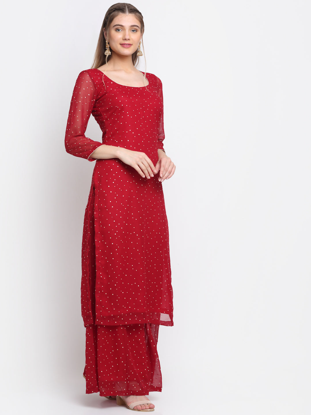 Women's Sparkling Red Hues Georgette Foil Straight Kurti With Palazzo