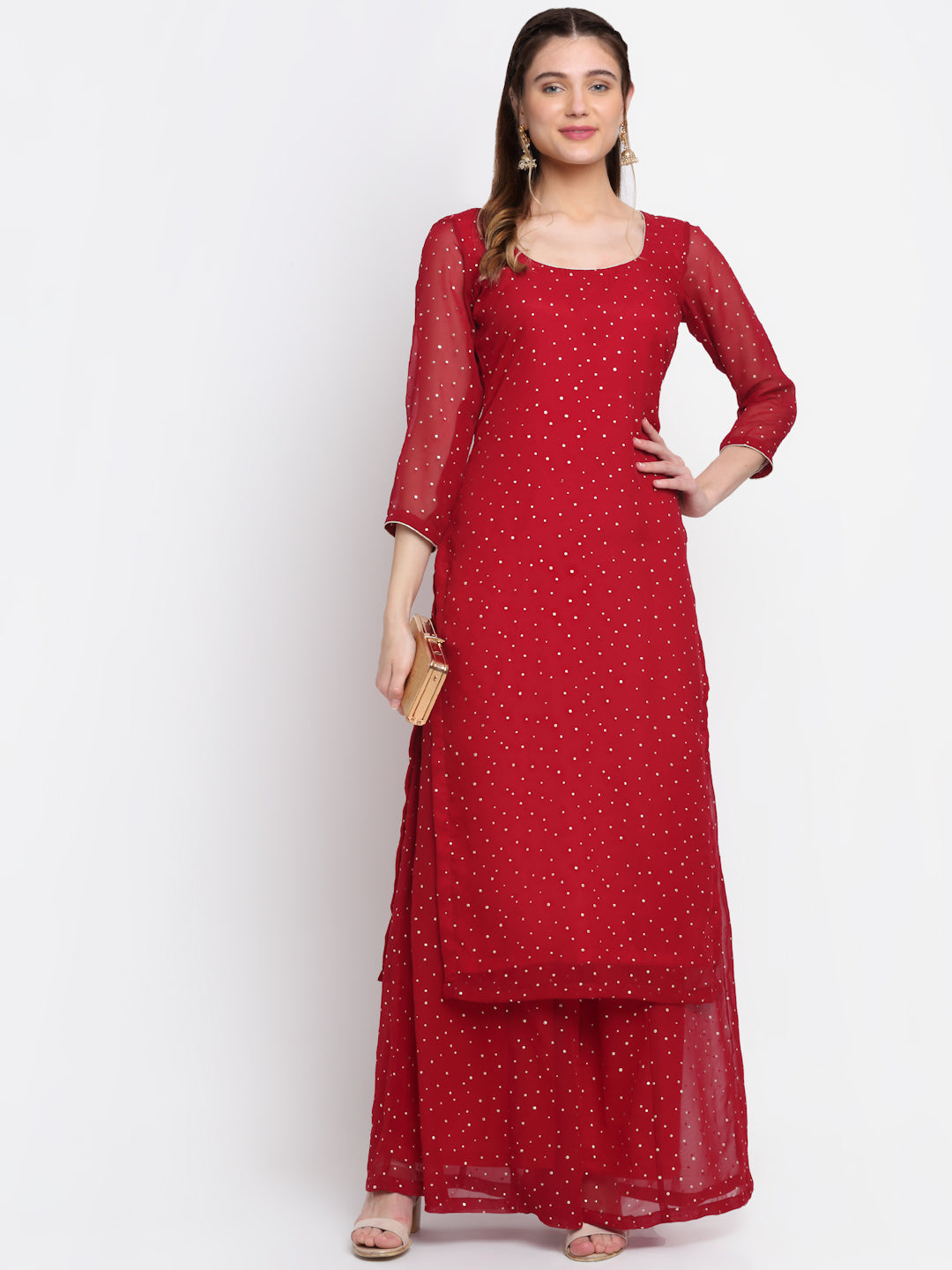 Women's Sparkling Red Hues Georgette Foil Straight Kurti With Palazzo