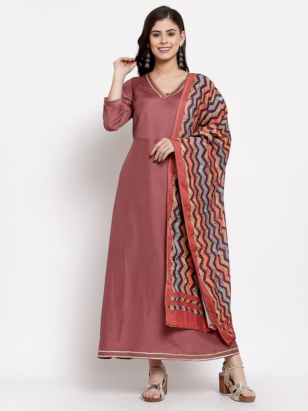 Women's Dark Pink Cotton Solid 3/4 Sleeve V Neck Casual Anarkali Gown - Myshka