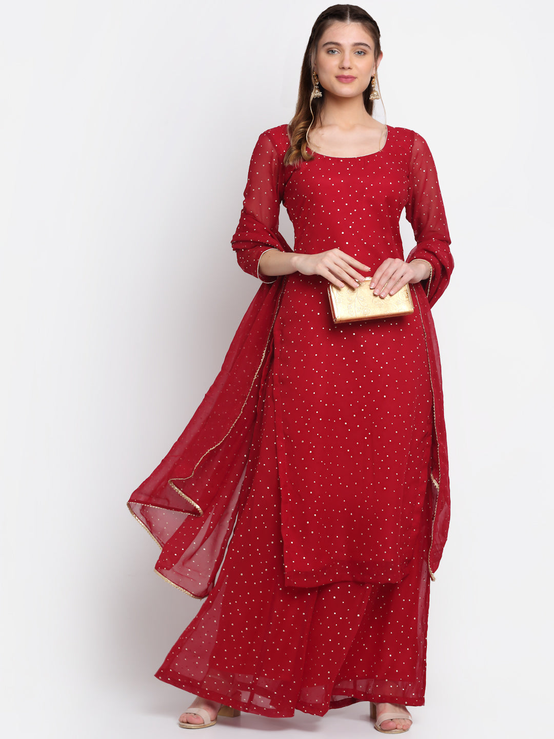 Women's Sparkling Red Hues Georgette Foil Straight Kurti With Palazzo And Dupatta