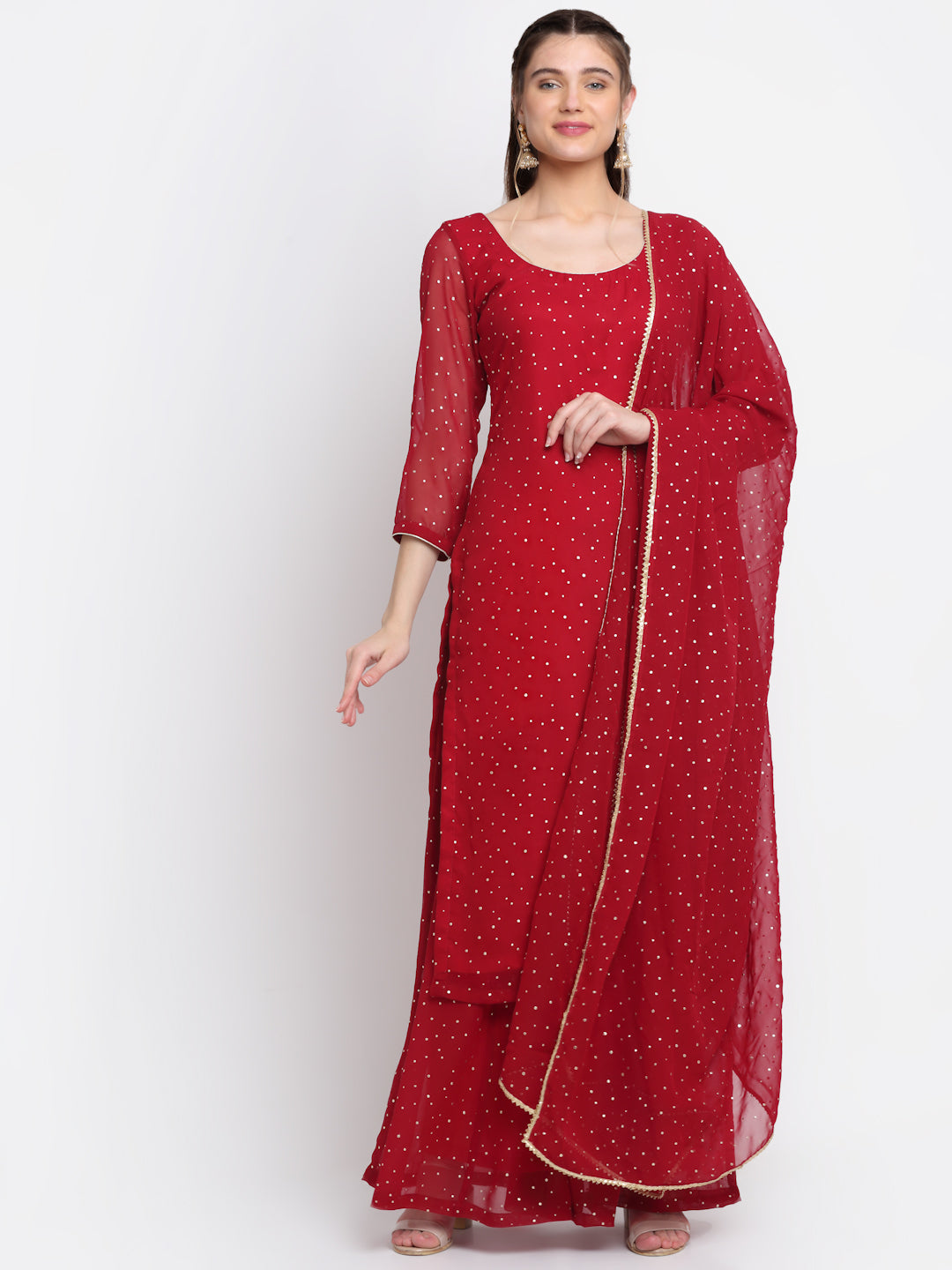 Women's Sparkling Red Hues Georgette Foil Straight Kurti With Palazzo And Dupatta