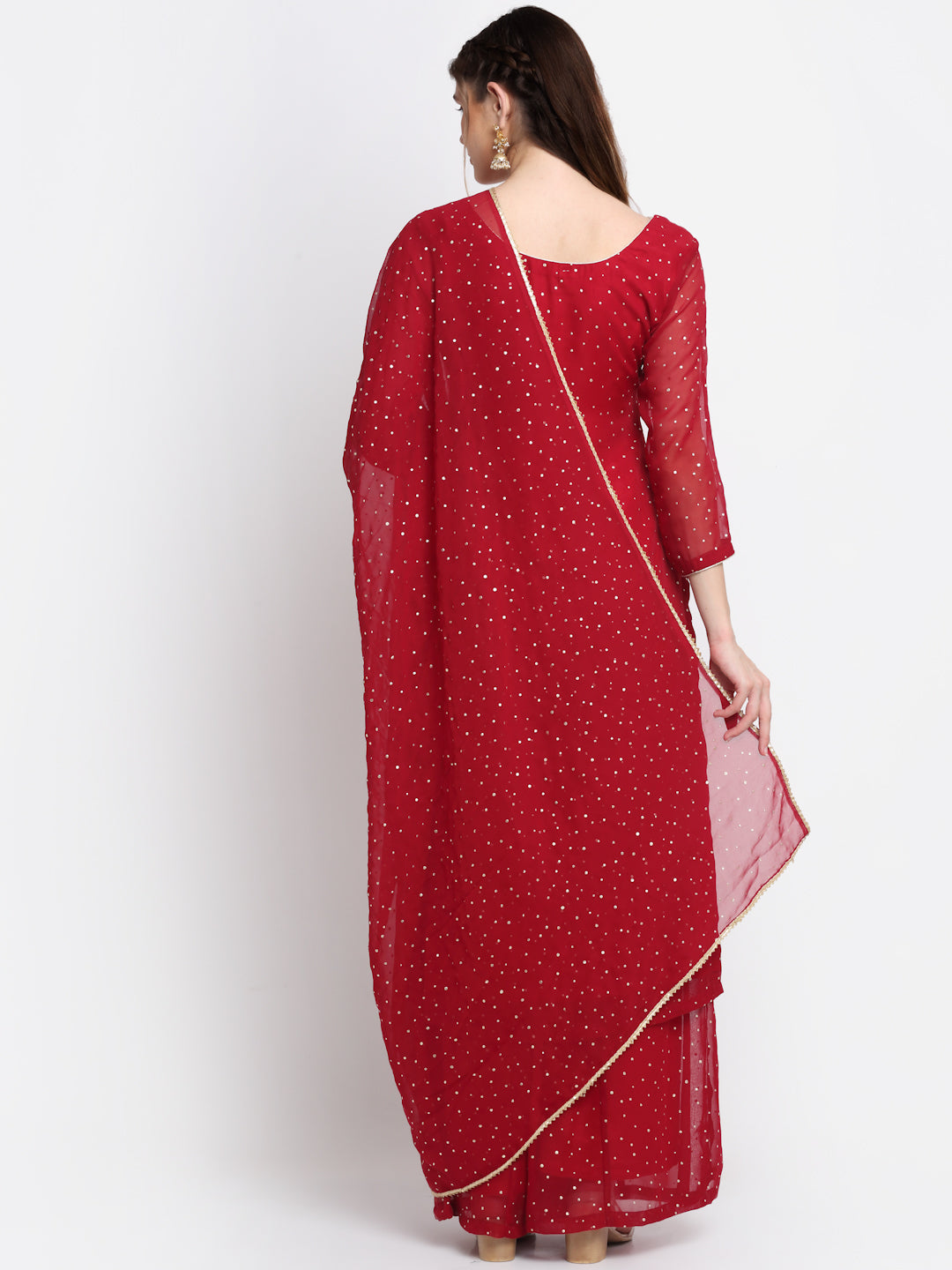 Women's Sparkling Red Hues Georgette Foil Straight Kurti With Palazzo And Dupatta - Anokherang