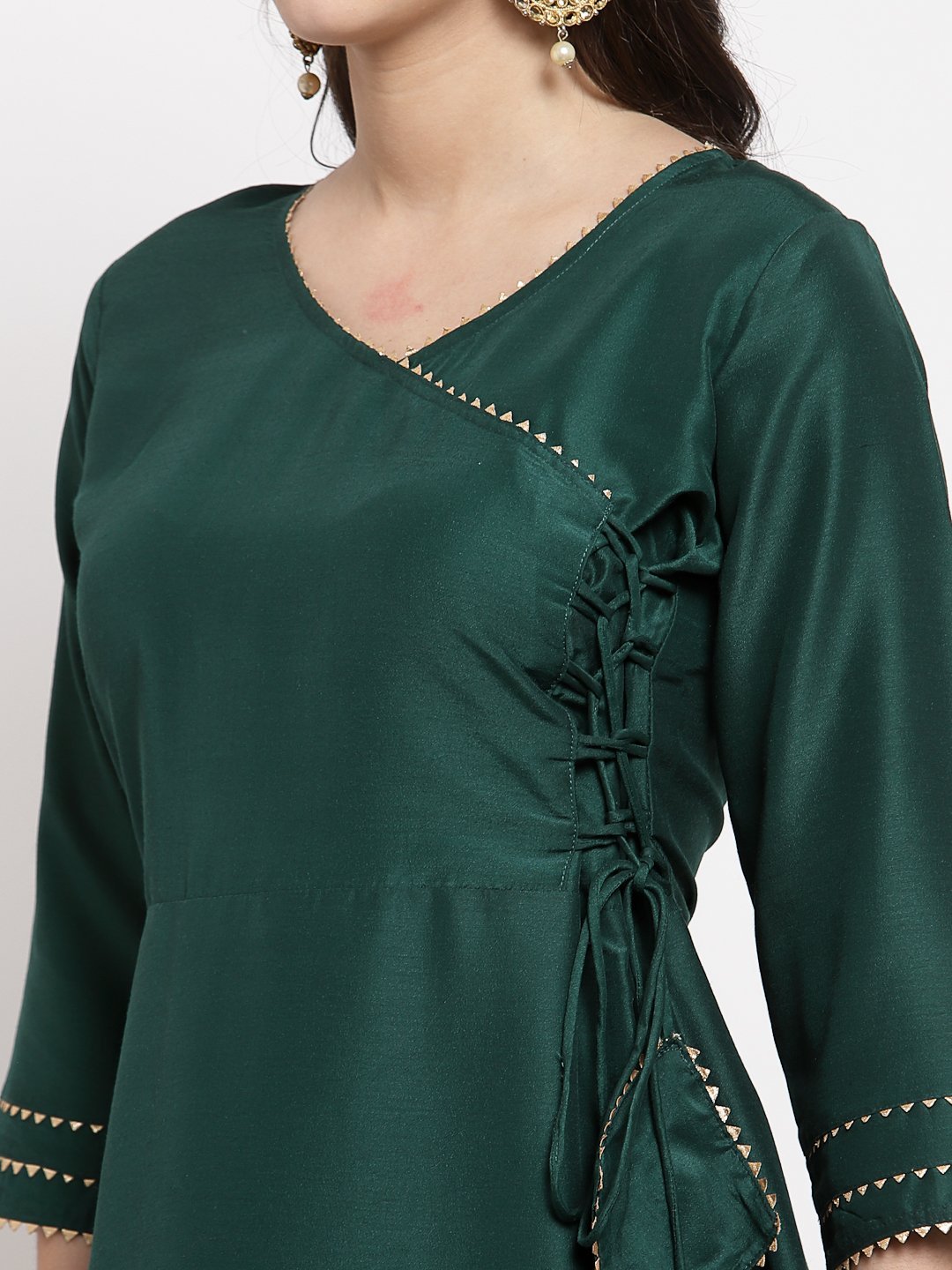 Women's Green Cotton Solid 3/4 Sleeve V Neck Casual Kurta Dupatta Set - Myshka