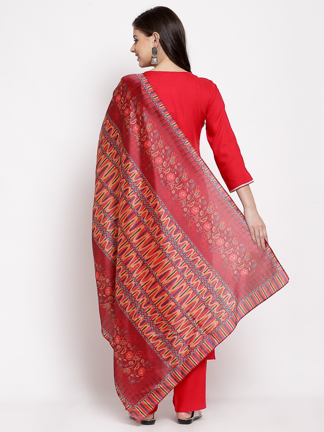 Women's Red Cotton Solid 3/4 Sleeve Square Neck Casual Kurta Pant Dupatta Set - Myshka