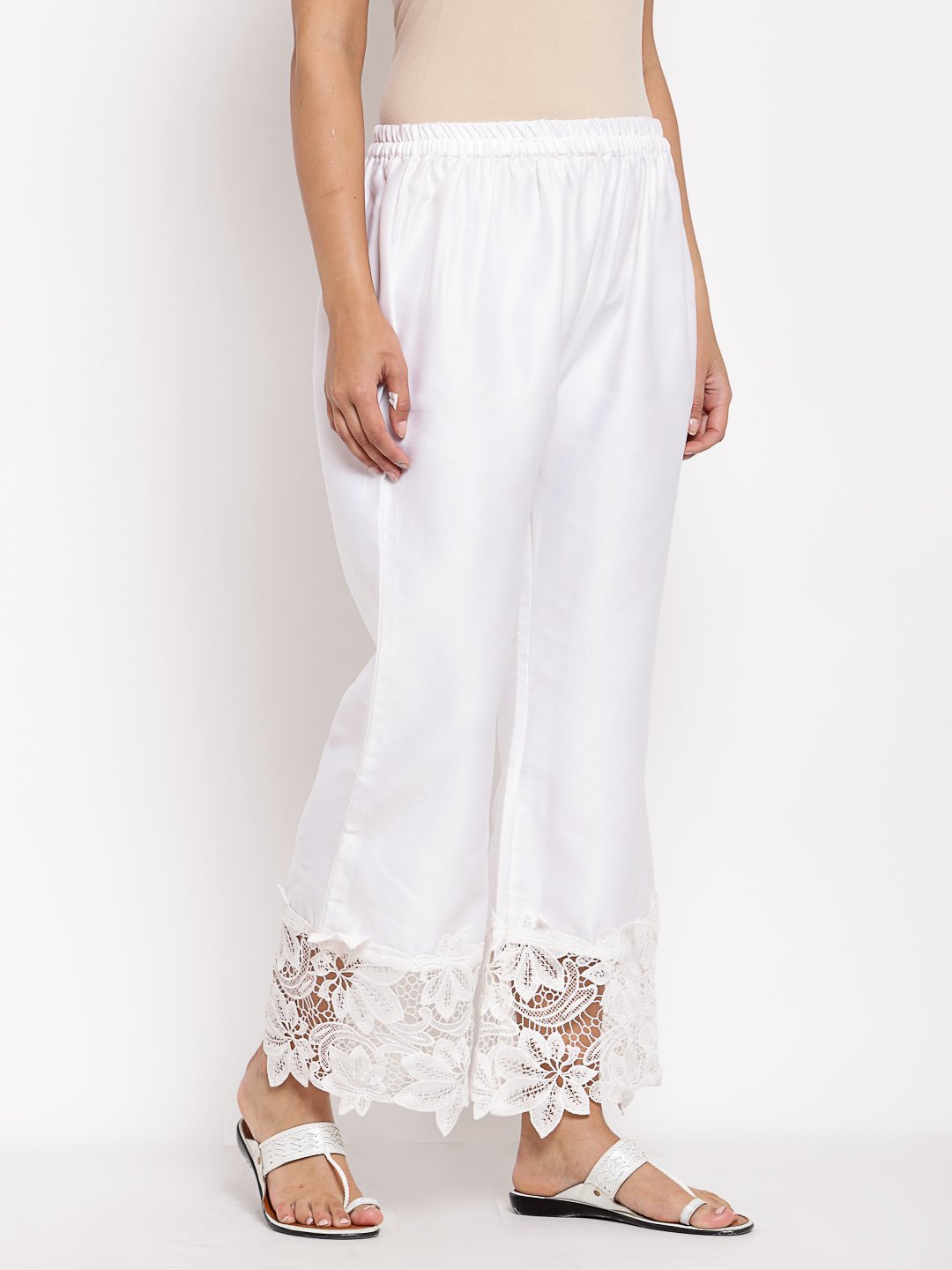 Women's White Cotton Solid Casual Trouser - Myshka