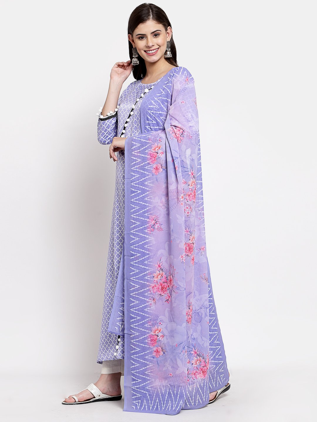 Women's Purple Silk Printed 3/4 Sleeve Round Neck Casual Anarkali Kurta Dupatta Set - Myshka