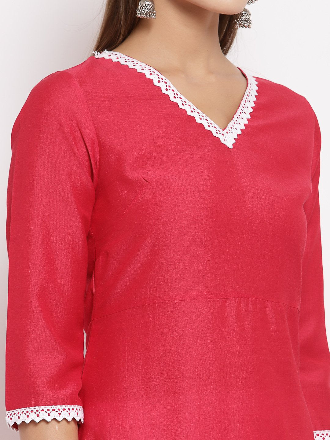 Women's Pink Cotton Solid 3/4 Sleeve V Neck Casual Kurta Dupatta Set - Myshka