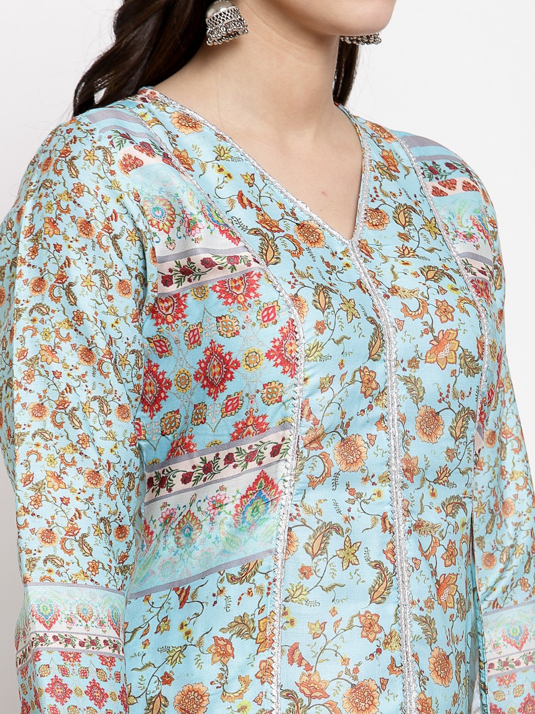 Women's Multi Cotton Printed Full Sleeve V Neck Casual Kurta - Myshka