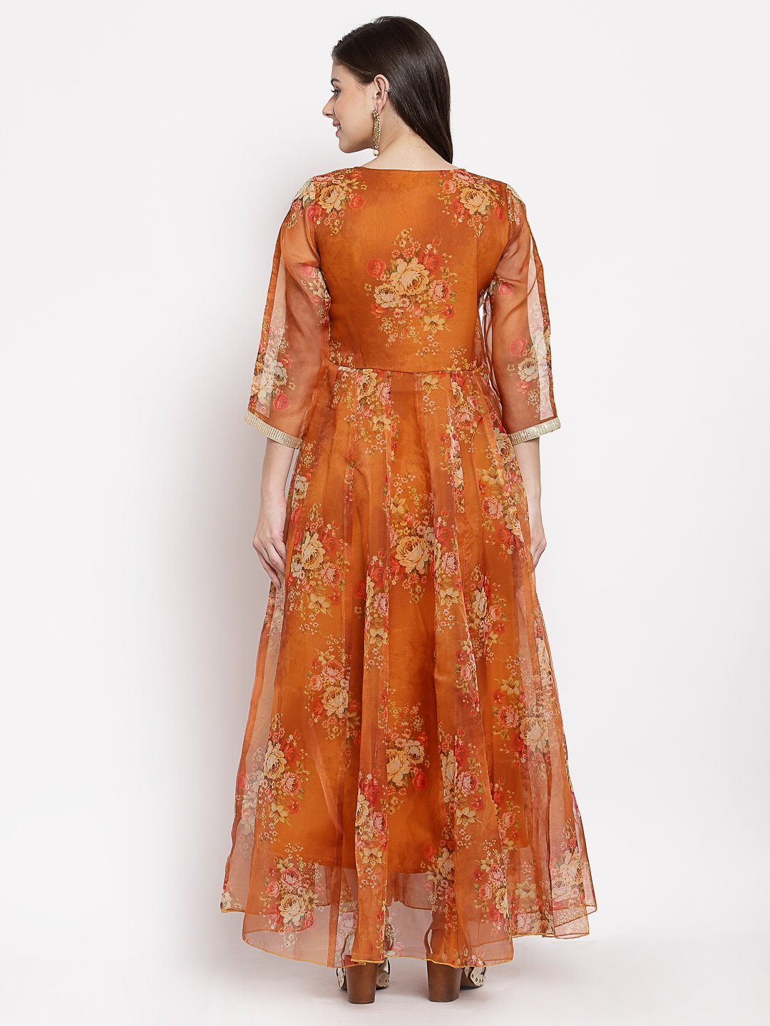 Women Brown Organza Printed Dress by Myshka (1 Pc Set)