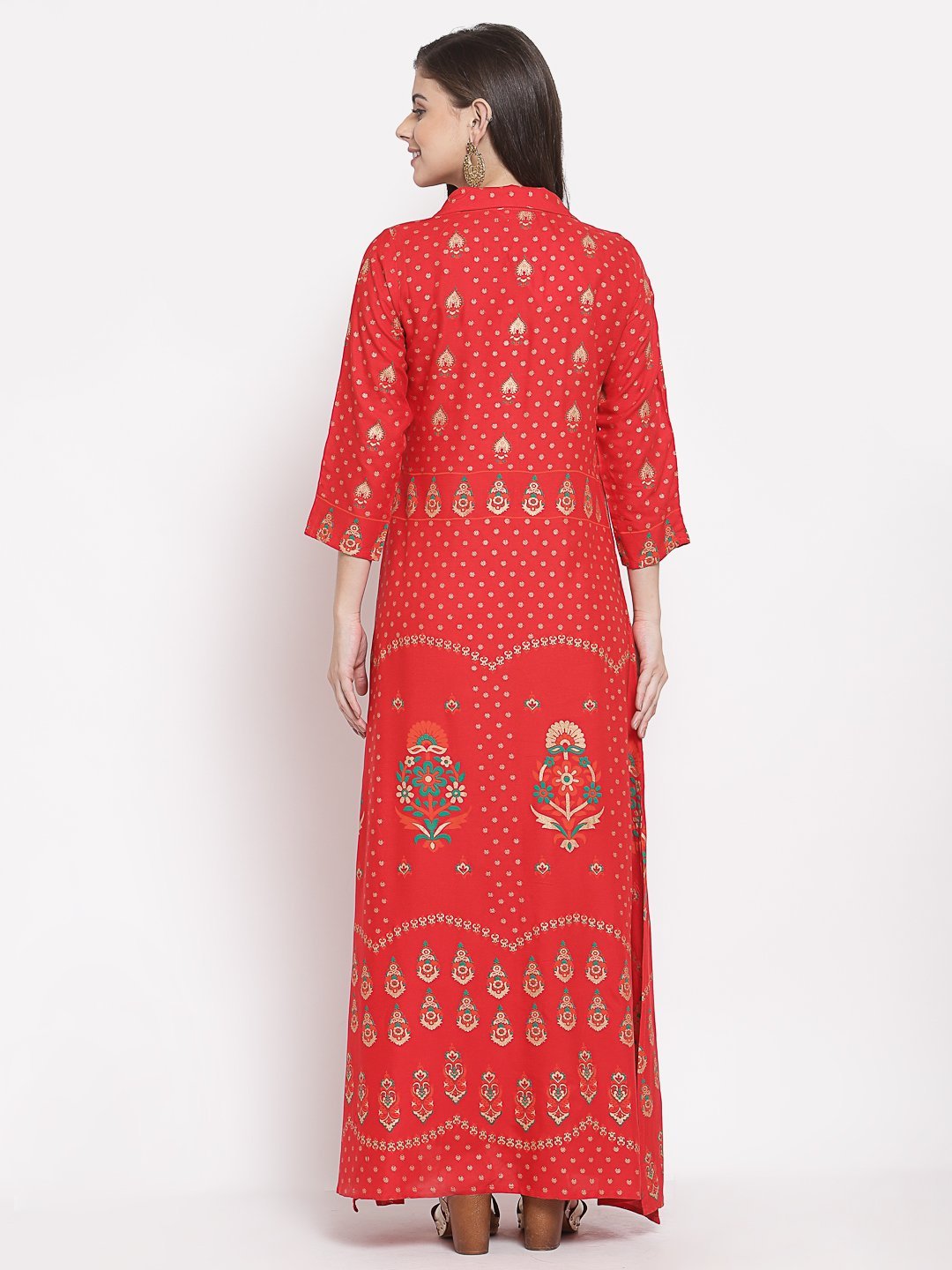 Women's Red Cotton Printed 3/4 Sleeve Collar Neck Casual Anarkali Kurta - Myshka