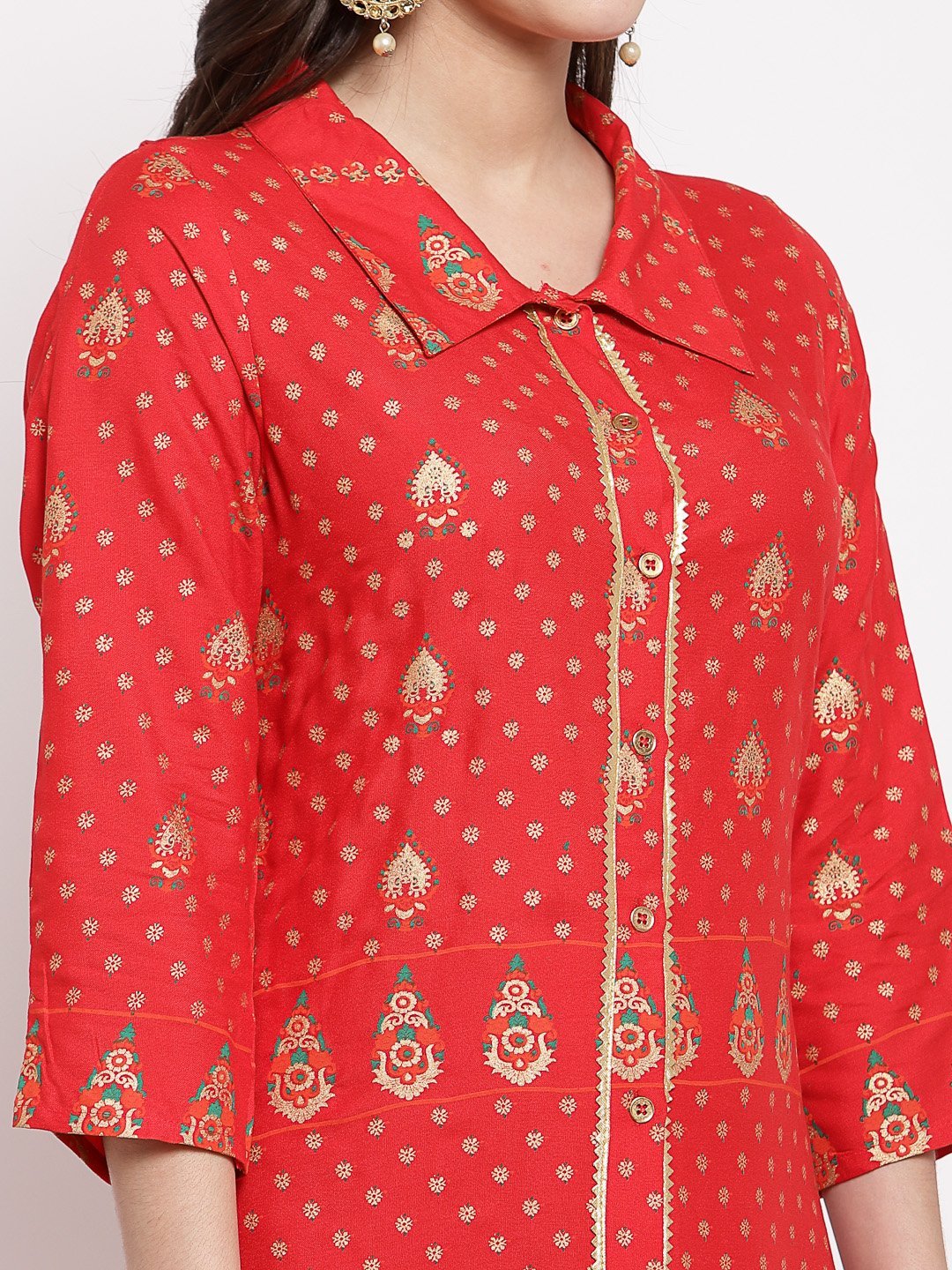 Women's Red Cotton Printed 3/4 Sleeve Collar Neck Casual Anarkali Kurta - Myshka
