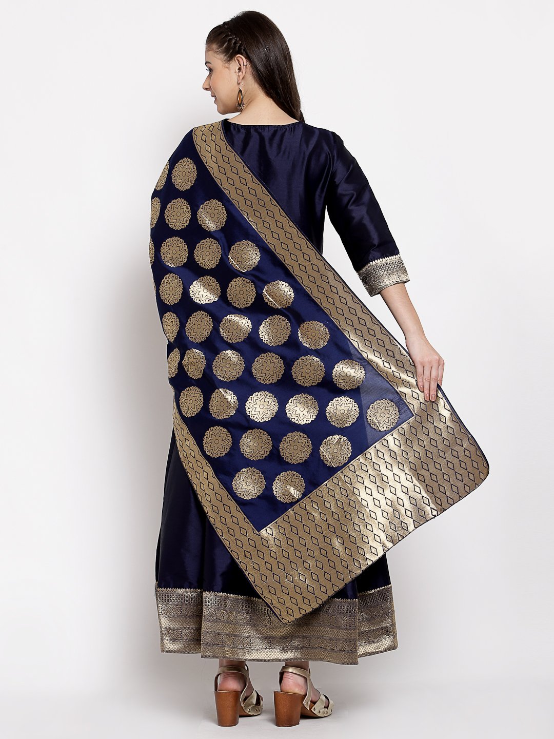 Women's Multi Silk Solid 3/4 Sleeve V Neck Casual Anarkali Gown - Myshka