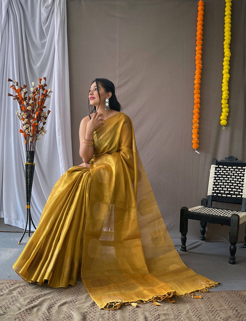 Women's Yellow Gold Gulabo Banarasi Tissue Silk Zari Woven Saree