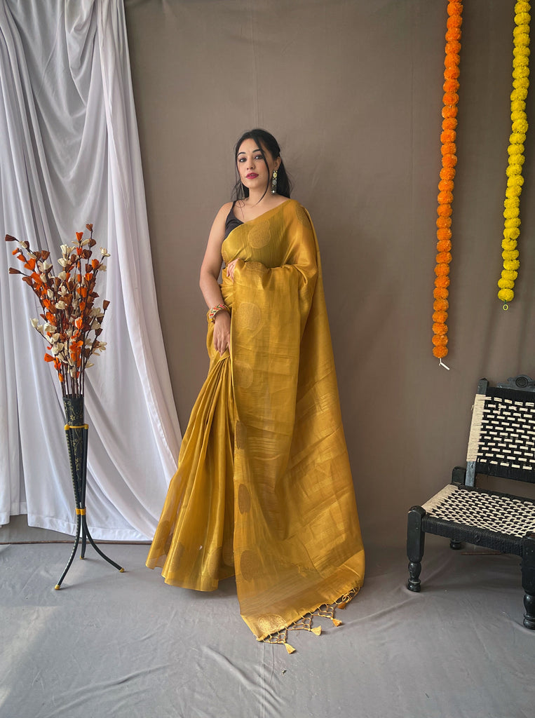 Women's Yellow Gold Gulabo Banarasi Tissue Silk Zari Woven Saree