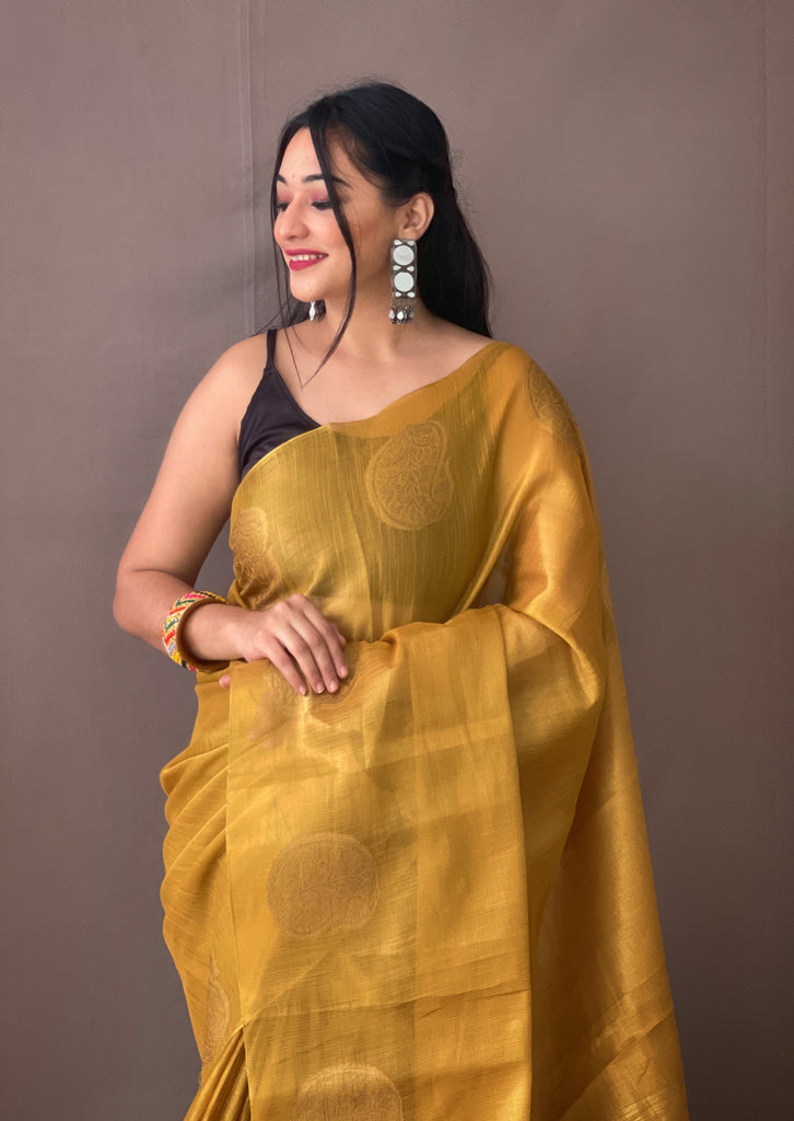 Women's Yellow Gold Gulabo Banarasi Tissue Silk Zari Woven Saree