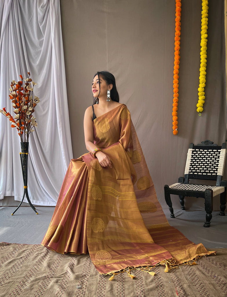 Women's Copper Brown Gulabo Banarasi Tissue Silk Zari Woven Saree