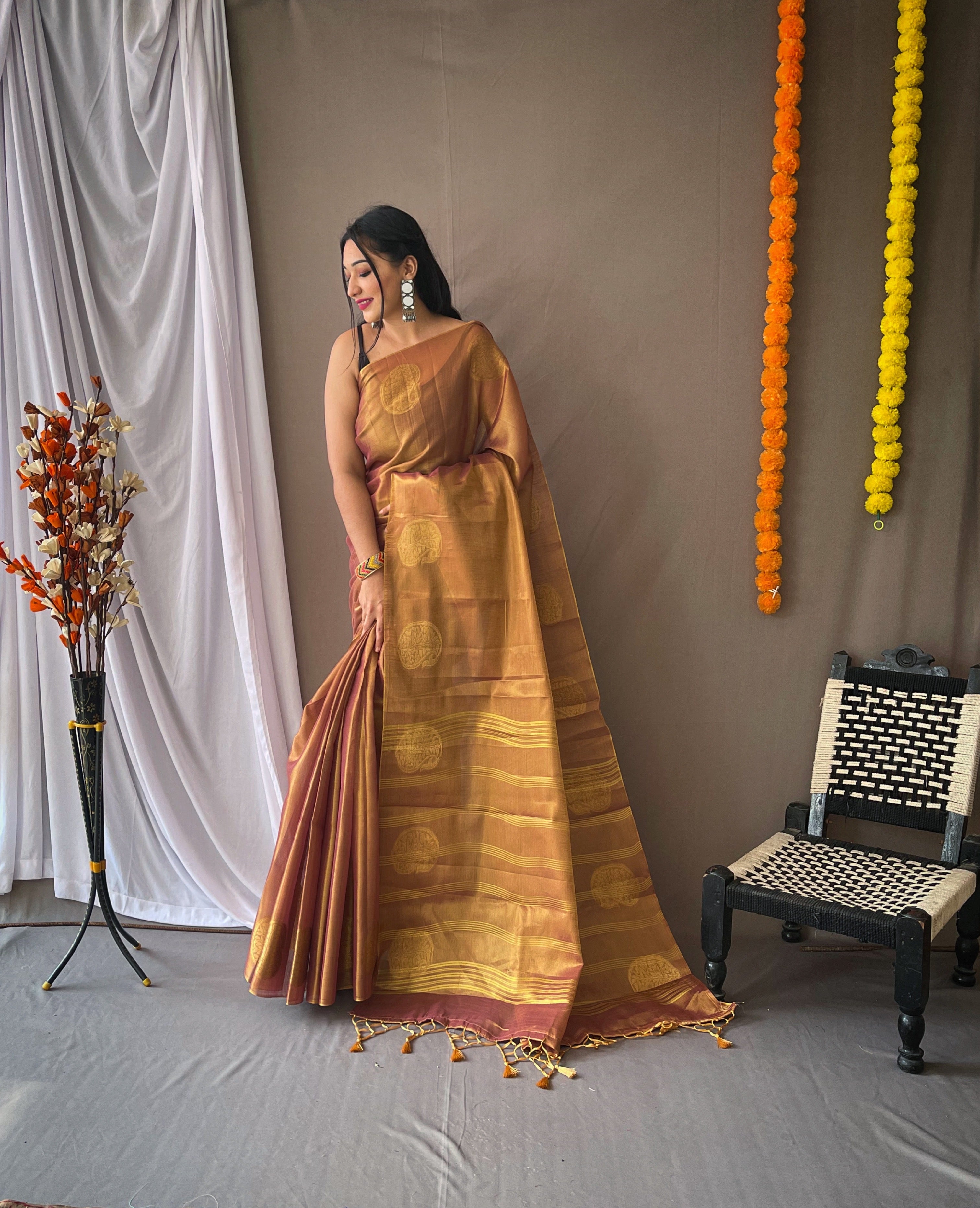 Women's Copper Brown Gulabo Banarasi Tissue Silk Zari Woven Saree
 - TASARIKA