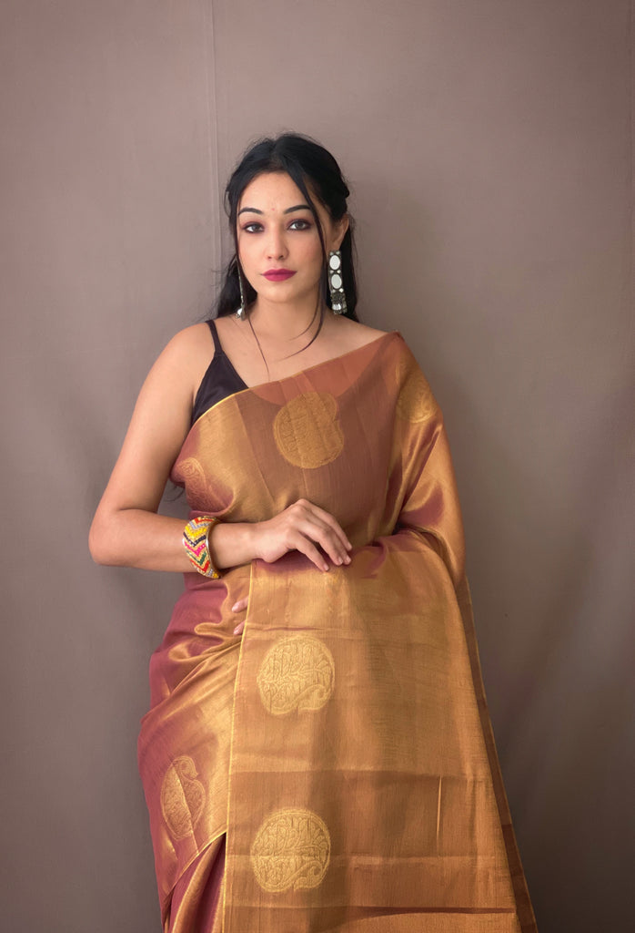 Women's Copper Brown Gulabo Banarasi Tissue Silk Zari Woven Saree